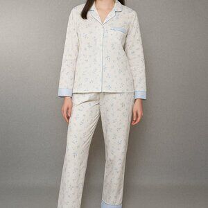 Vintage Vanity Fair Womens Pajama Set XL White Blue Cotton Blend Poplin 2Pc